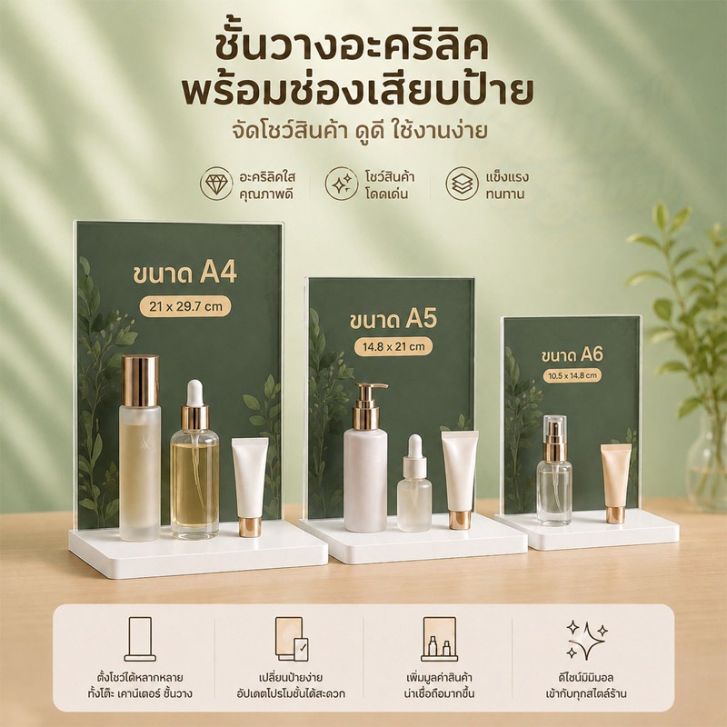 ป้ายอะคริลิคตั้งโต๊ะ T‑shape A4/A5/A6 เกรดAหนาป้องกันUVไม่เหลือง ผลิตเองส่งทุกวัน ที่โชว์สินค้า ป้ายราคาเมนูกรอบรู