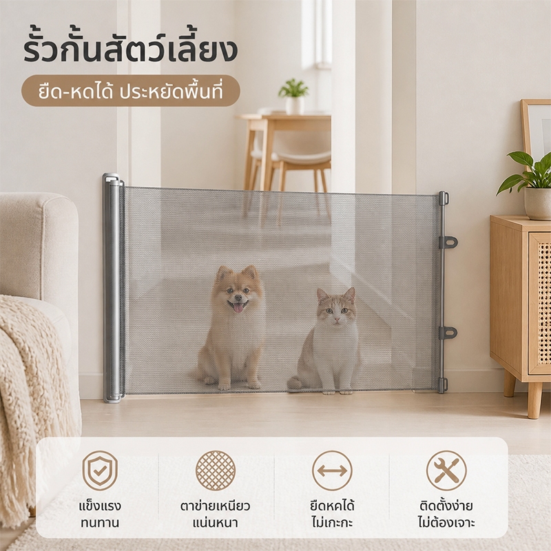 รั้วสัตว์เลี้ยงแบบยืดหดได้ พกพาง่าย ไม่ต้องเจาะผนัง ปรับระยะได้ตามต้องการ