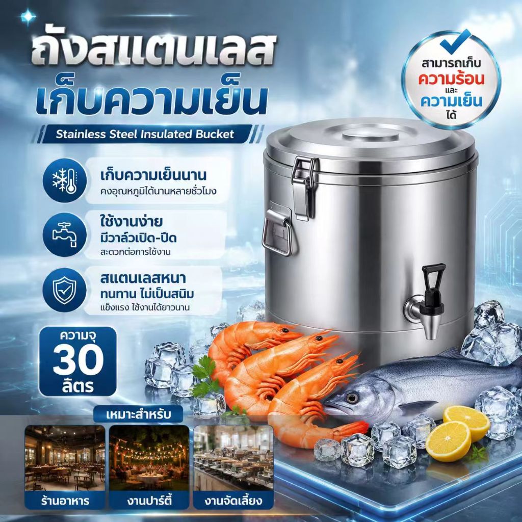 พร้อมส่งกรุงเทพฯ ถังคูลเลอร์สแตนเลส ถังเก็บอุณหภูมิร้อนเย็น เก็บอุณหภูมิได้นาน 24 ชั่วโมง ถังชา ถังชานม ขนาด 10/30/50ลิต