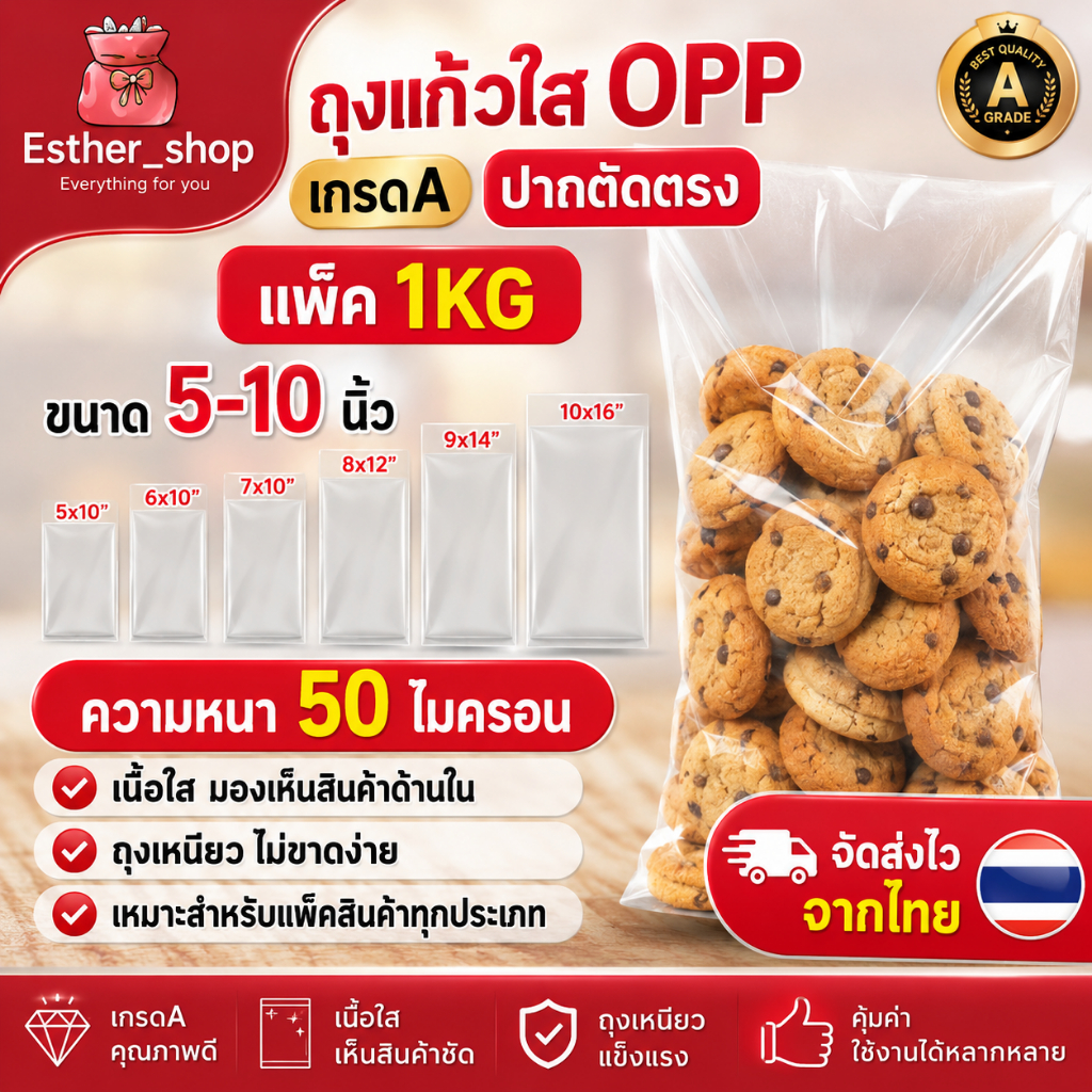 ถุงแก้ว OPP 50 ไมครอน เกรดA 5-10 นิ้ว ปากตัดตรง มีหลายไซต์ สามารถใส่ของได้หลากหลาย (แพ็ค1KG)