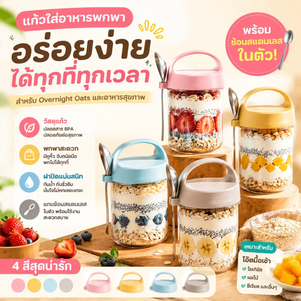 แก้วอาหารเช้า ถ้วยข้าวโอ๊ต 430ml ฝาปิดแน่น พร้อมช้อนในตัว ไร้กลิ่น พกพาสะดวก ดีไซน์กะทัดรัด ใส่กระเป๋าได้สบาย