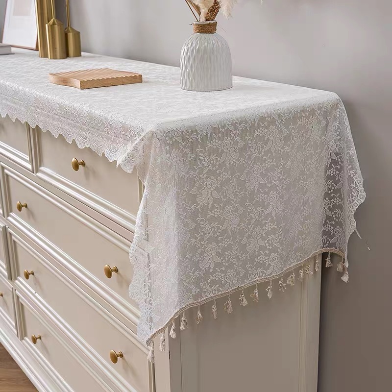 THE ผ้าคลุมตู้ทีวี ผ้าคลุมโต๊ะ ผ้าลูกไม้ Table Runner TV Cabinet Cover Table Cover แต่งบ้าน มินิมอล ขอบพู่ กันฝุ่น