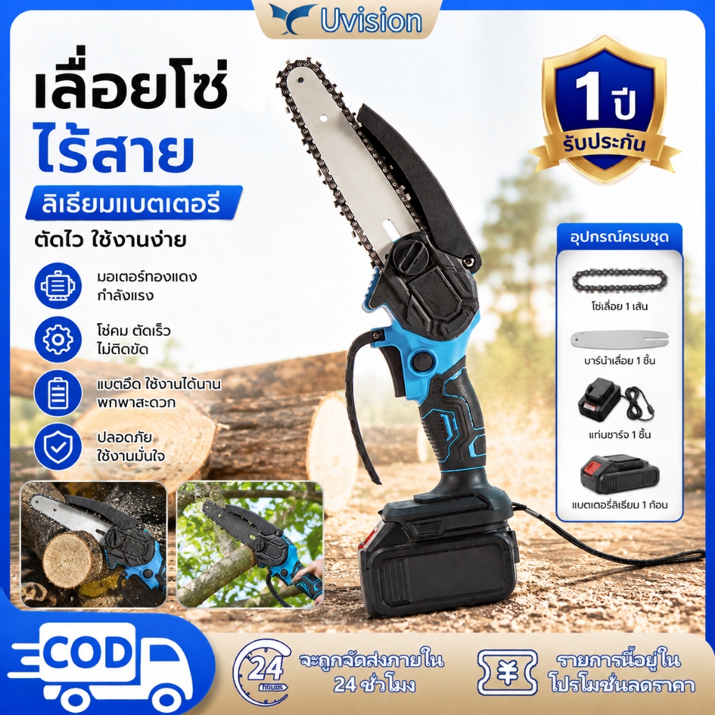 🔥รับประกัน 2 ปี🔥เลื่อยไฟฟ้าไร้สาย 399V 6/8 นิ้ว เลื่อยโซ่ไร้สาย เลื่อยชัก แบบพกพา เลือยตัดไม้ แบตเตอรี่ 2ก้อน