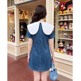 (มีถึง3XL) ยีนส์ Total Denim Dress เดรสทรงปล่อยผ้ายีนส์ ดีเทลโบว์ด้านหน้า ปกกะลาสีงานปักการ์ตูน แขนสั้น ซิปหลัง