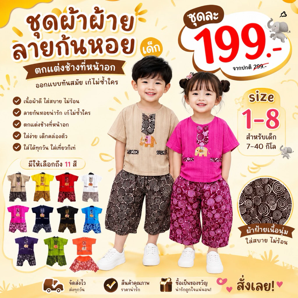 🐘ชุดช้างลายก้นหอยคละสี🐘 [ ลดทันที 70.- ใส่โค้ด PANGSHVS285 ]