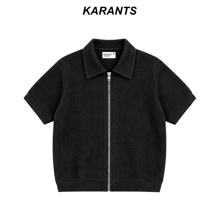 Karants เสื้อโปโล Boxy ผ้า Waffle Zip โลหะ เรียบ Unisex ชาย-หญิง - KR413