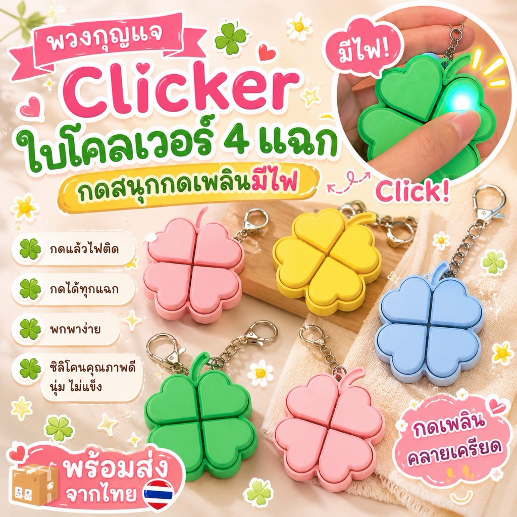 🇹🇭พร้อมส่งจากไทย🇹🇭พวงกุญแจClicker คีย์แคป ใบโคเวอร์🍀4ปุ่มมีไฟ กดสนุกกดเพลินพร้อมส่งจากกรุงเทพ