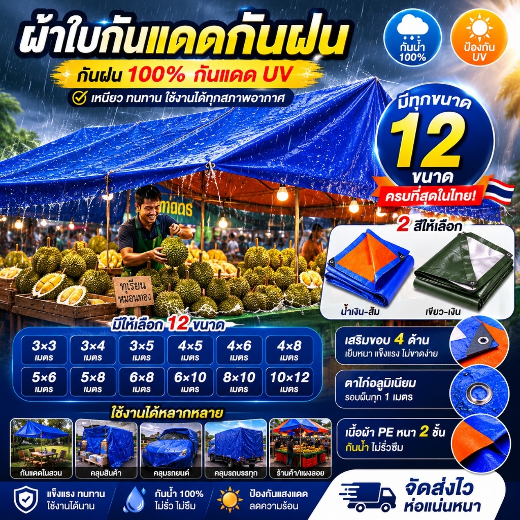 จัดส่งจากกรุงเทพ ผ้าใบกันแดดฝน ผ้าใบ ผ้าใบกันฝน 3x3 3x4 4x5 กันสาดบังแดดฝน ผ้าใบกันน้ำ ผ้าใบกันแดดกันฝน ผ้ายางกันแดดฝน