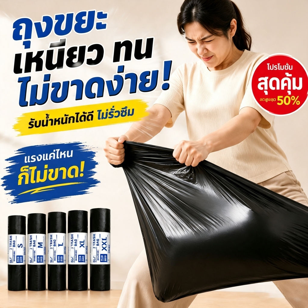 [100ชิ้น]ถุงขยะมีหูหิ้วถุงขยะสีดำขนาดใหญ่ หนาพิเศษ ไม่มีกลิ่นรั่วซึม ใช้ได้ดีในชีวิตประจำวันทั้งในครัวเรือนและชุมชน