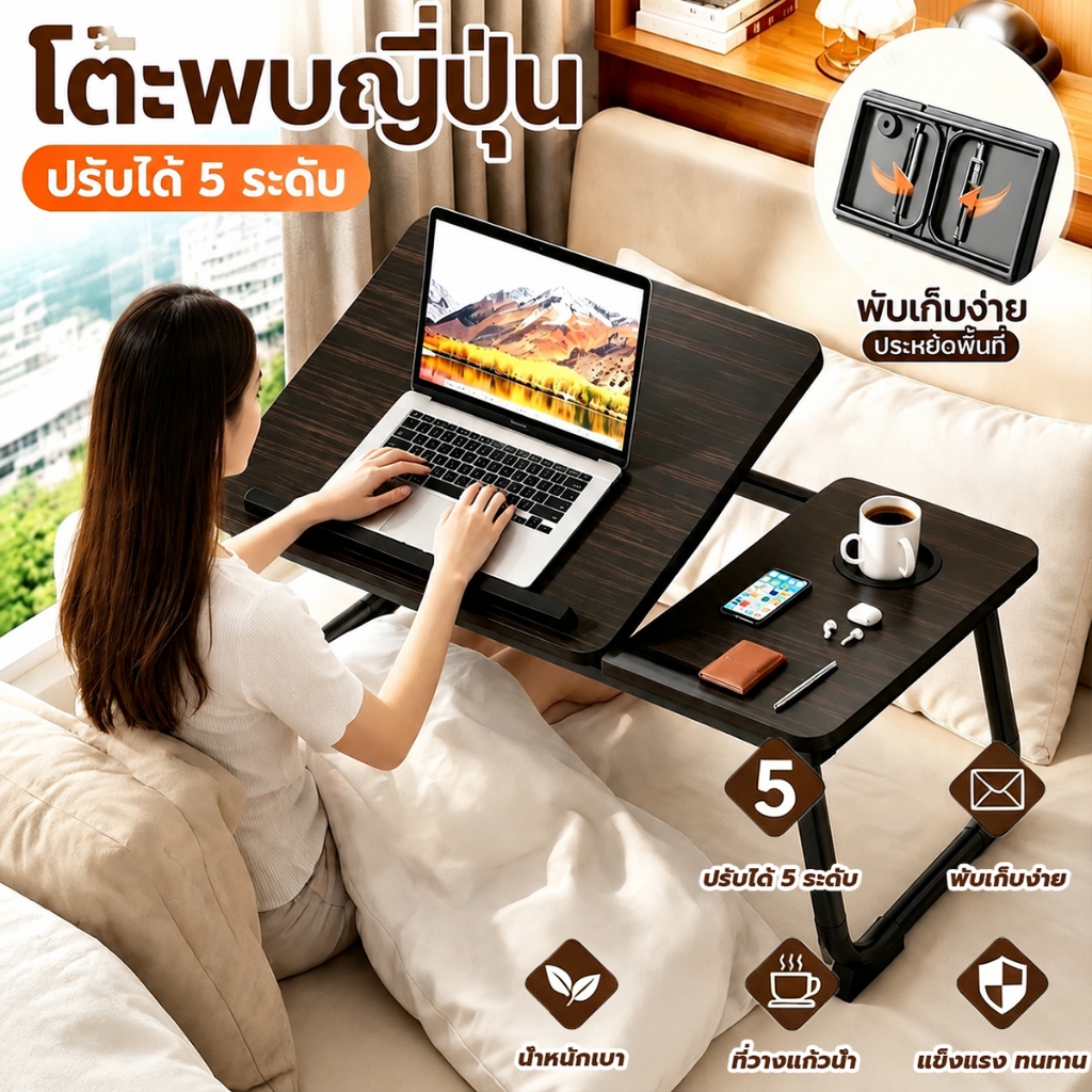 โต๊ะพับสไตล์ญี่ปุ่น  โต๊ะเล็กอเนกประสงค์ โต๊ะวางโน๊ตบุ๊ค มีที่วางแก้ว/iPad ปรับสูงต่ำ 5 ระดับ พับเก็บได้ แข็งแรงทนทาน