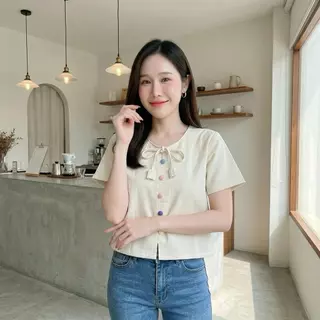 เสื้อผ้าฝ้ายผู้หญิง คอกลม ผูกโบว์ดอกทิวลิป กระดุมสีพาสเทล ผ้าฝ้ายชินมัย ผ้าดีใส่สบาย
