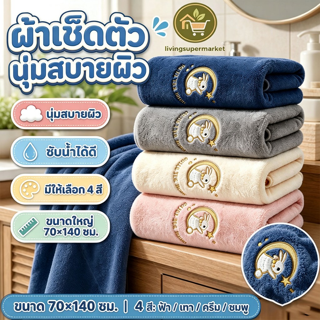 ผ้าขนหนูอาบน้ำ ผ้าเช็ดตัวปัก ขนาด 70×140 ซม. นุ่มสบายผิว ดูดซับน้ำได้ดี การออกแบบสวยงาม