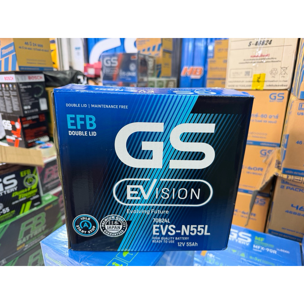 แบตเตอรี่รถยนต์ รุ่น EVS N-55L จากค่าย GS BATTERY  รองรับระบบ Start and Stop(รุ่นใหม่ล่าสุด)