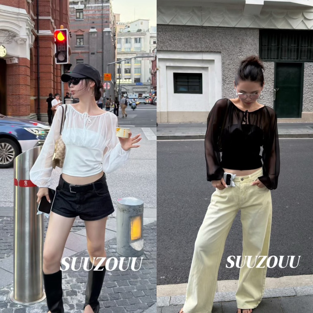 📍พร้อมส่ง📍#SU595 🇰🇷Sheer Chiffon Ruched Tie-Top เสื้อแขนยาวผ้าซีทรูแต่งอกย่น ลุคเกาหลีแอบแซ่บ เก๋ละมุนแบบ Tag MMfish🇰🇷