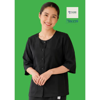 รัตนาภรณ์ เสื้อคอกลมผู้หญิง สีดำสุภาพ แขนสามส่วน ผ้าลื่นสแปนเด็กซ์/โซล่อน (เสื้อชีพราหมณ์) พร้อมส่ง