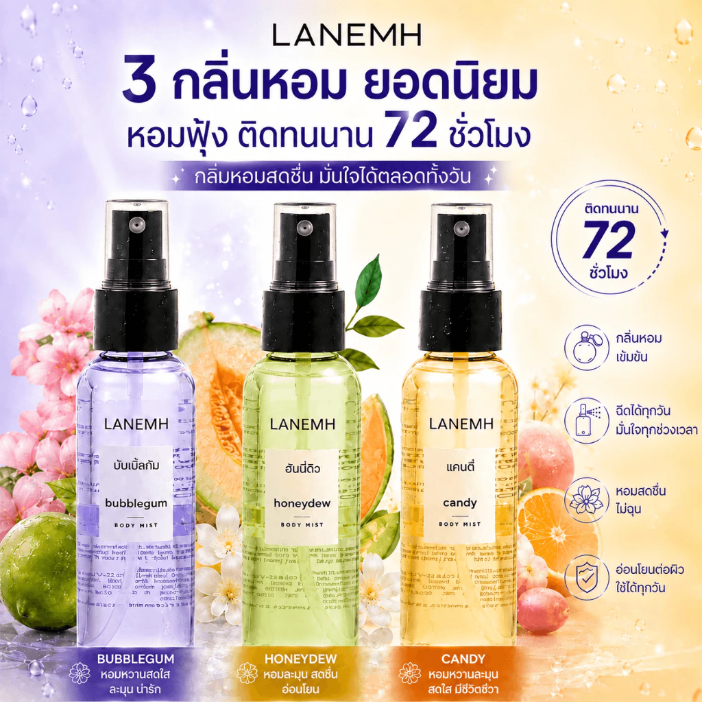LANEMH Perfumed Body Mist Women Men (Bubblegum/Candy/Honeydew)กลิ่นหอมหวาน ผลไม้รสชาติอร่อย