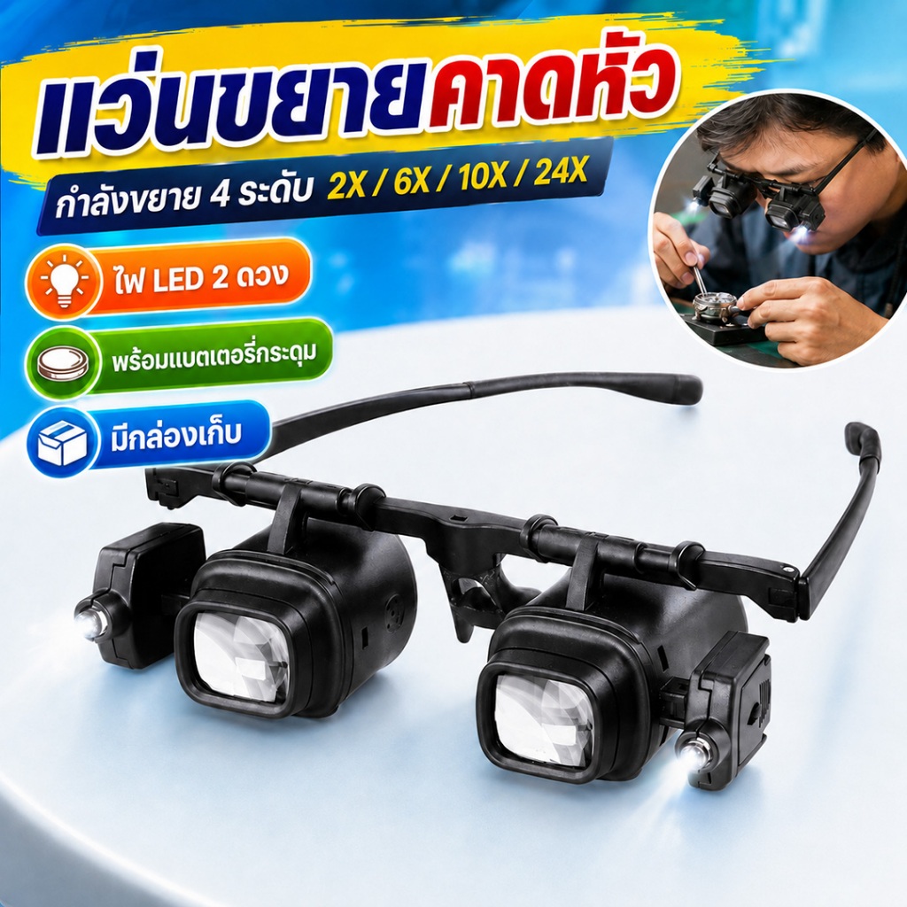 แว่นขยายติดหัว พร้อมไฟ LED 2X 6X 10X 24X เลนส์แว่นขยาย 4 ชุด แบบคาดศีรษะ พร้อมไฟ LED และกล่องเก็บของ