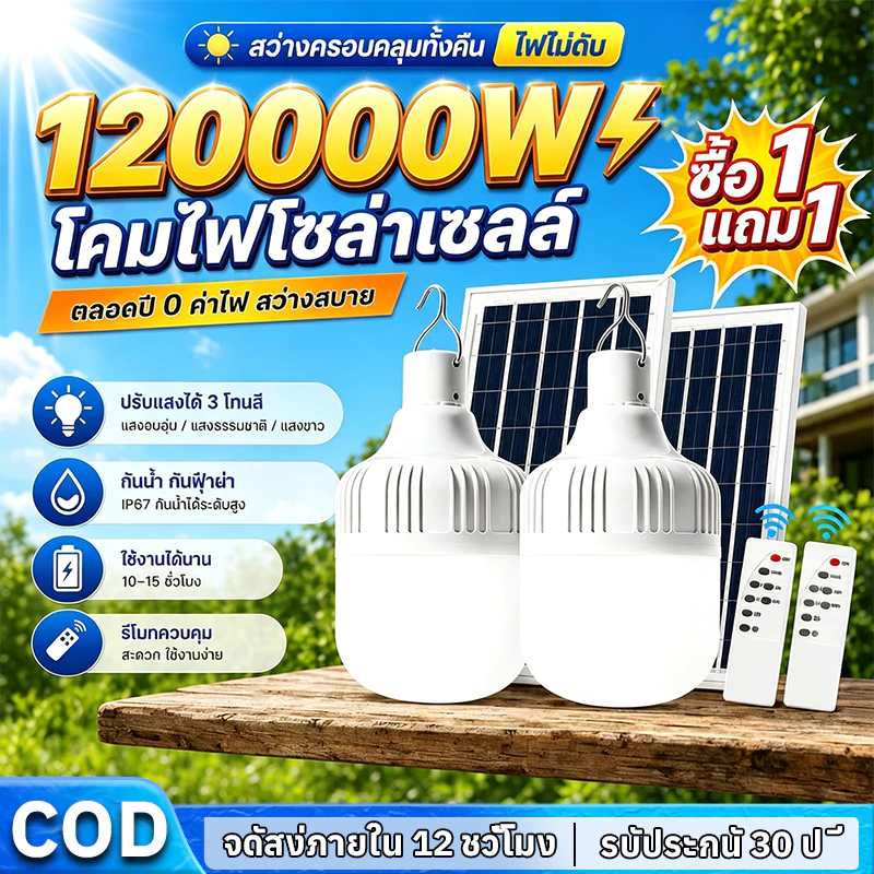 ไฟโซล่าเซลล์ 100000W โซล่าเซลล์ หลอดไฟ โซล่าเซลล์ LED ไลท์แสงสีขาวกันน้ำ และกันฝุ่นละออง ชาร์จไฟอัตโนม