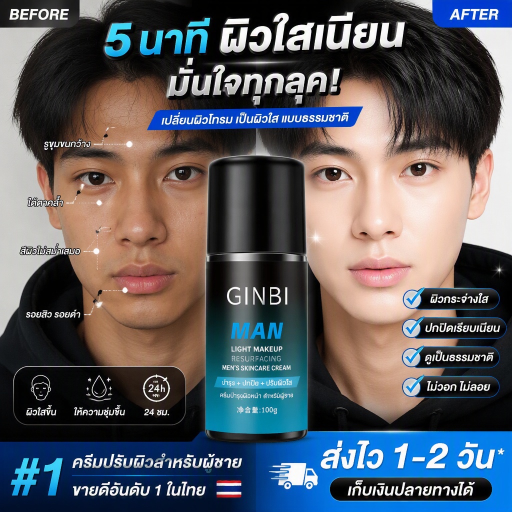 ครีมบีบีไวท์เทนนิ่งสำหรับผู้ชาย บางเบาไม่อุดตัน ชุ่มชื้น ปกปิดรอยสิว