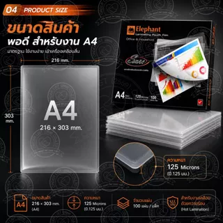 [ออกใบกำกับภาษีได้]พลาสติกเคลือบบัตร A4 ตราช้าง รุ่น Sure 125 ไมครอน ใส คมชัด กันน้ำ สำหรับเอกสารสำคัญ (100แผ่น/กล่อง)