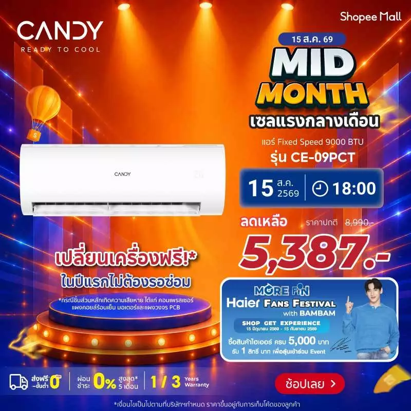 CANDY เครื่องปรับอากาศติดผนัง PCT/PCTL (เลือกรุ่น & เลือกบริการติดตั้งจาก Q-Chang ได้)