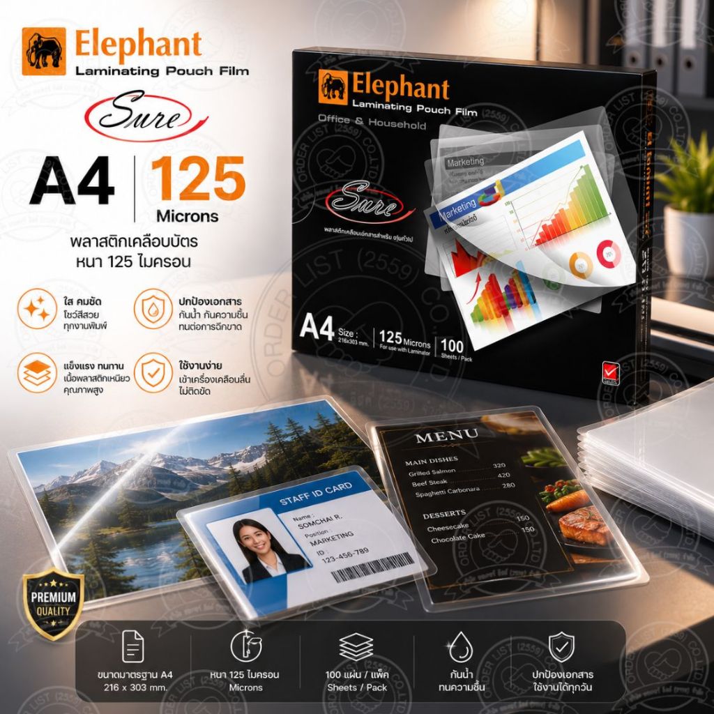 [ออกใบกำกับภาษีได้] ตราช้าง พลาสติกเคลือบบัตร A4 125 ไมครอน (100 แผ่น/กล่อง) รุ่น Sure