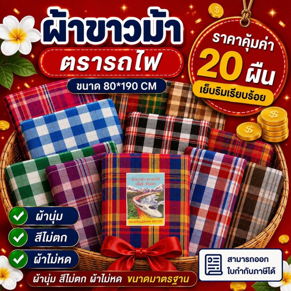(20ผืน) ผ้าขาวม้าผ้าฝ้าย 100% ผ้านุ่ม ทอแน่น ผ้าไม่หด สีไม่ตก เย็บริมหัวท้ายเรียบร้อย ขนาด 80*190cm