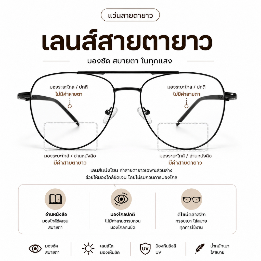 แว่นสายตายาว 2เลนส์ มีทั้งสายตายาวและปกติในเลนส์เดียวกัน