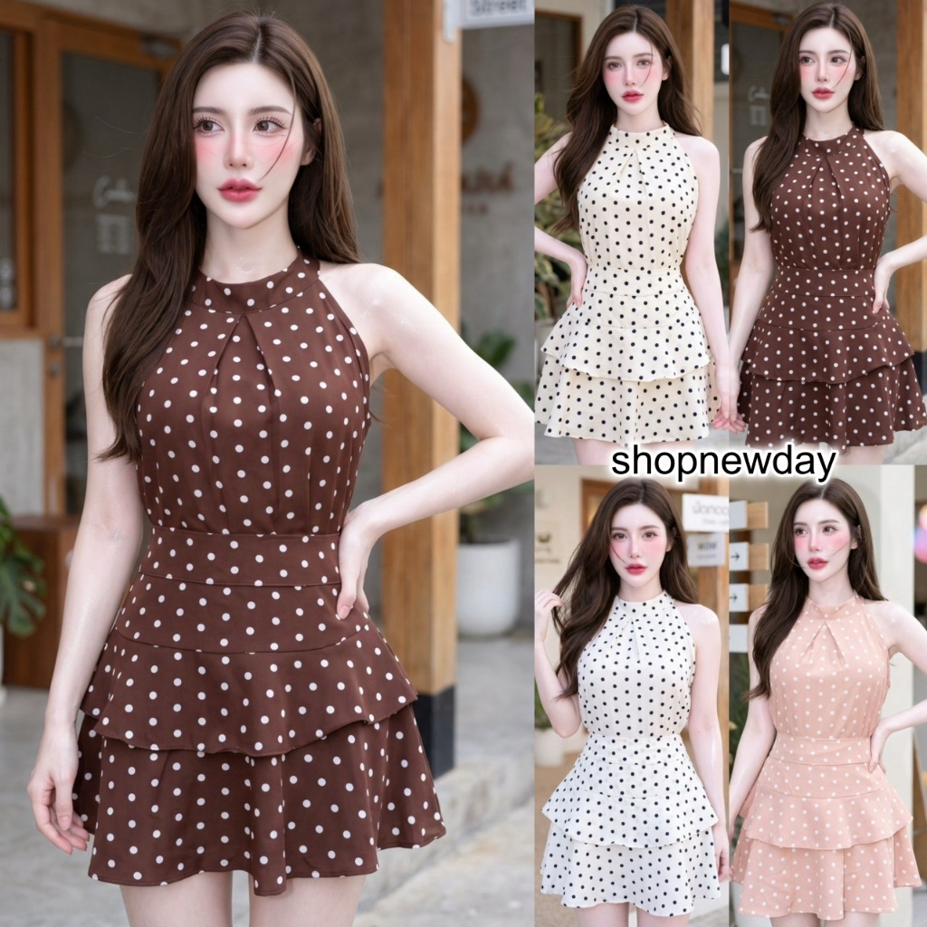 ชุดเซตกระโปรง แฟชั่น ผ้าไหมอิตาลี (Polka Dot) เสื้อทรงปล่อยแขนกุดคอปีน กระดุมหลังแต่งจีบหน้า+กระโปรงเอวเรียบสม็อคหลัง