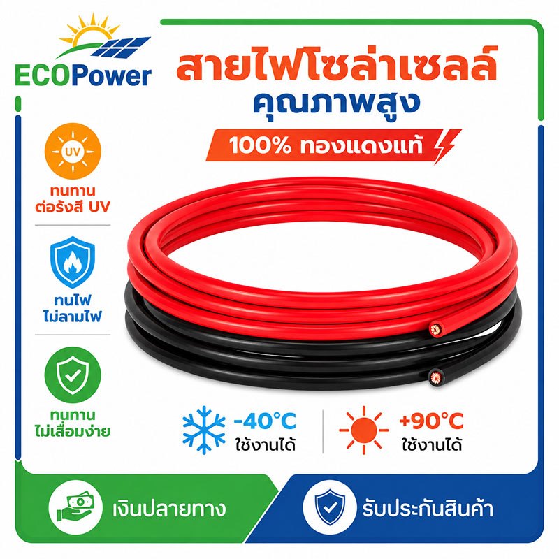 สายเคเบิลโซลาร์ สำหรับแผงโซลาร์ ปั๊มน้ำอินเวอร์เตอร์ สายทองแดงบริสุทธิ์ ทนแดด ทนฝน ติดตั้งง่าย สำหรับระบบพลังงานแสงอาทิต