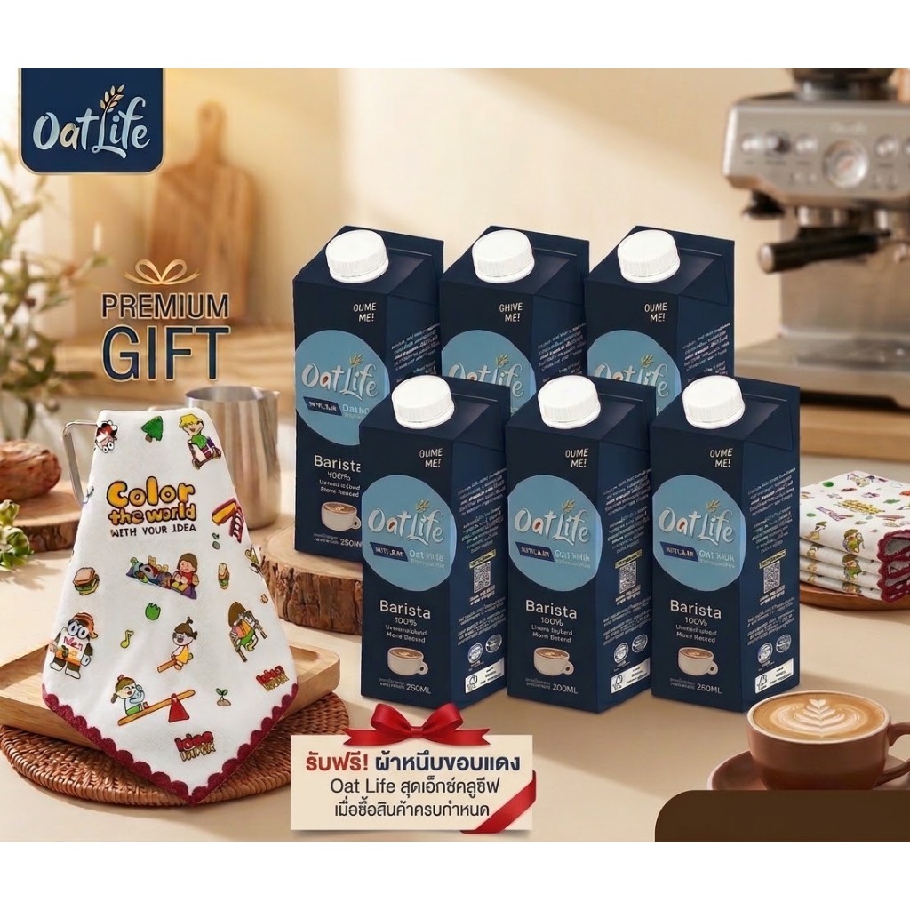 ชุด6 แถมฟรี (ผ้าหนึบ) OatLife น้ำนมข้าวโอ๊ต บาริสต้า ไม่มีน้ำตาล ไม่มีแลคโตส กินแล้วท้องไม่อืด วีแกน(1000 มล