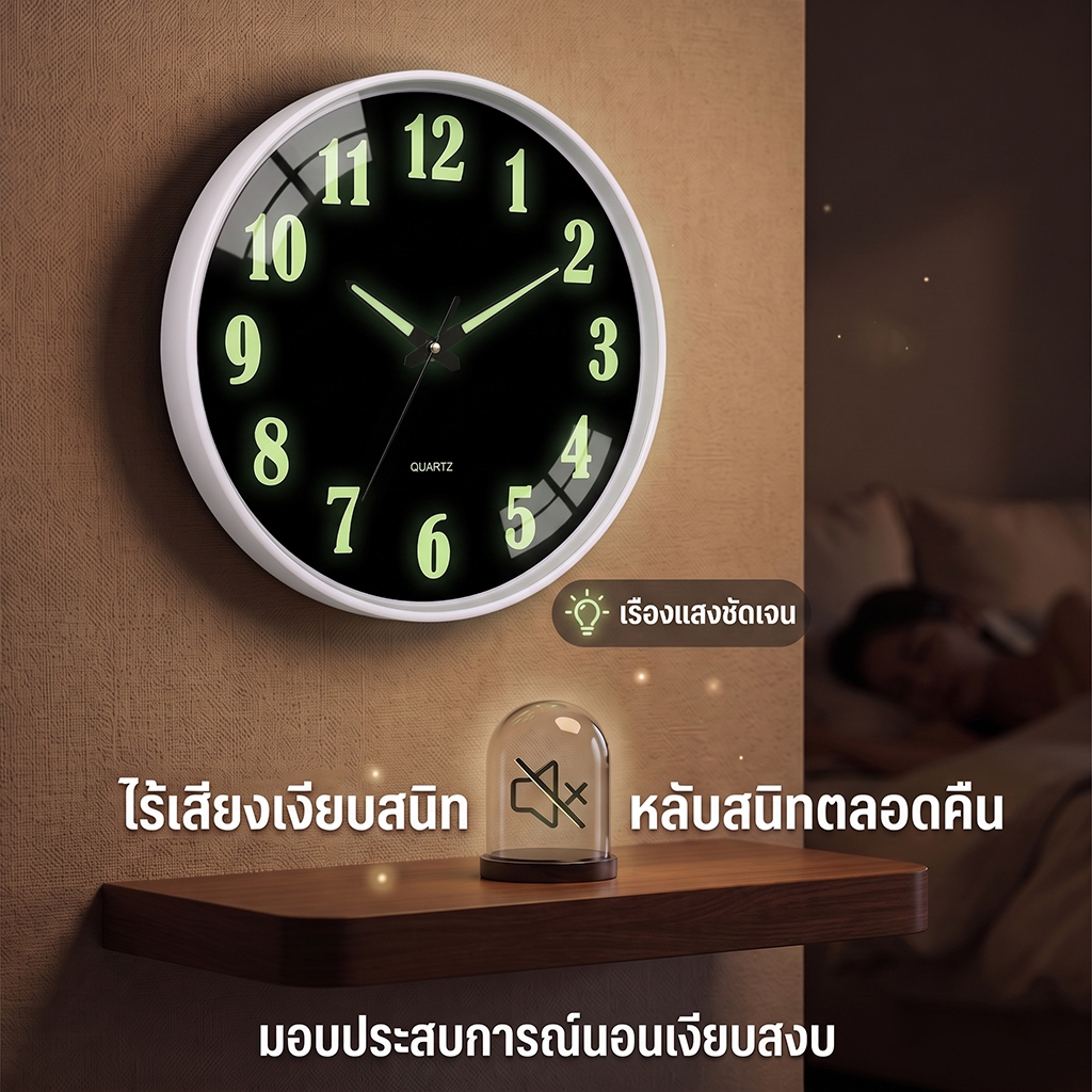 [พร้อมส่ง] นาฬิกาแขวนผนัง เรืองแสง พรายน้ำ ขนาด 8/12 นิ้ว เดินเงียบ ไร้เสียงรบกวน สไตล์มินิมอล ตกแต่งบ้าน