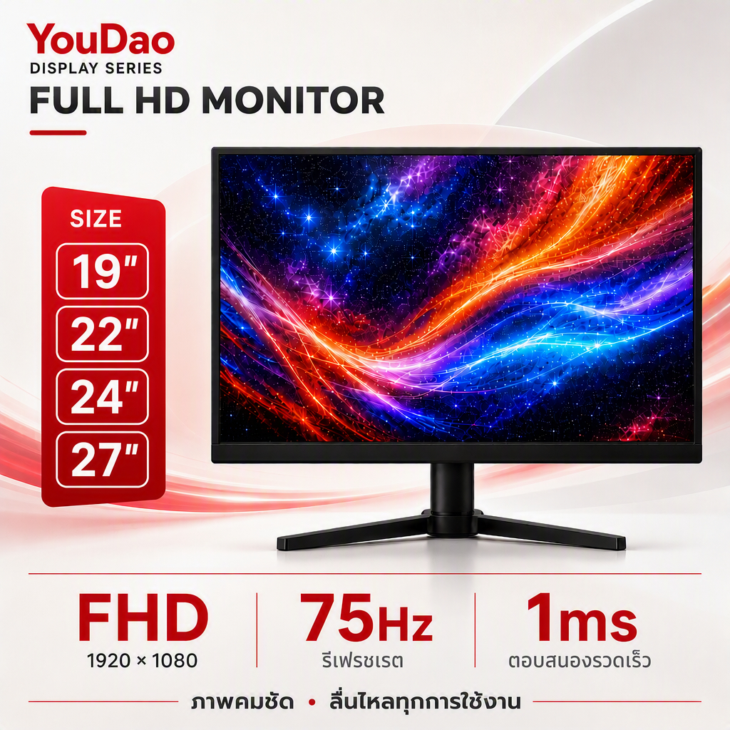 จอคอมพิวเตอร์ จอคอม Monitor FHD 1920x1080 75Hz ขอบบาง 19/22/24/27 นิ้ว สำหรับทำงาน ดูหนัง