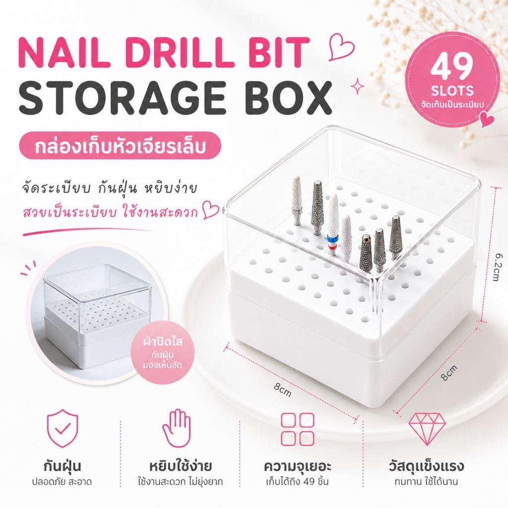จัดส่งทันที ♡ กล่องเก็บหัวเจียร 49 ช่อง กันฝุ่น ใสหยิบใช้ง่าย 3 mm. (สีขาว)