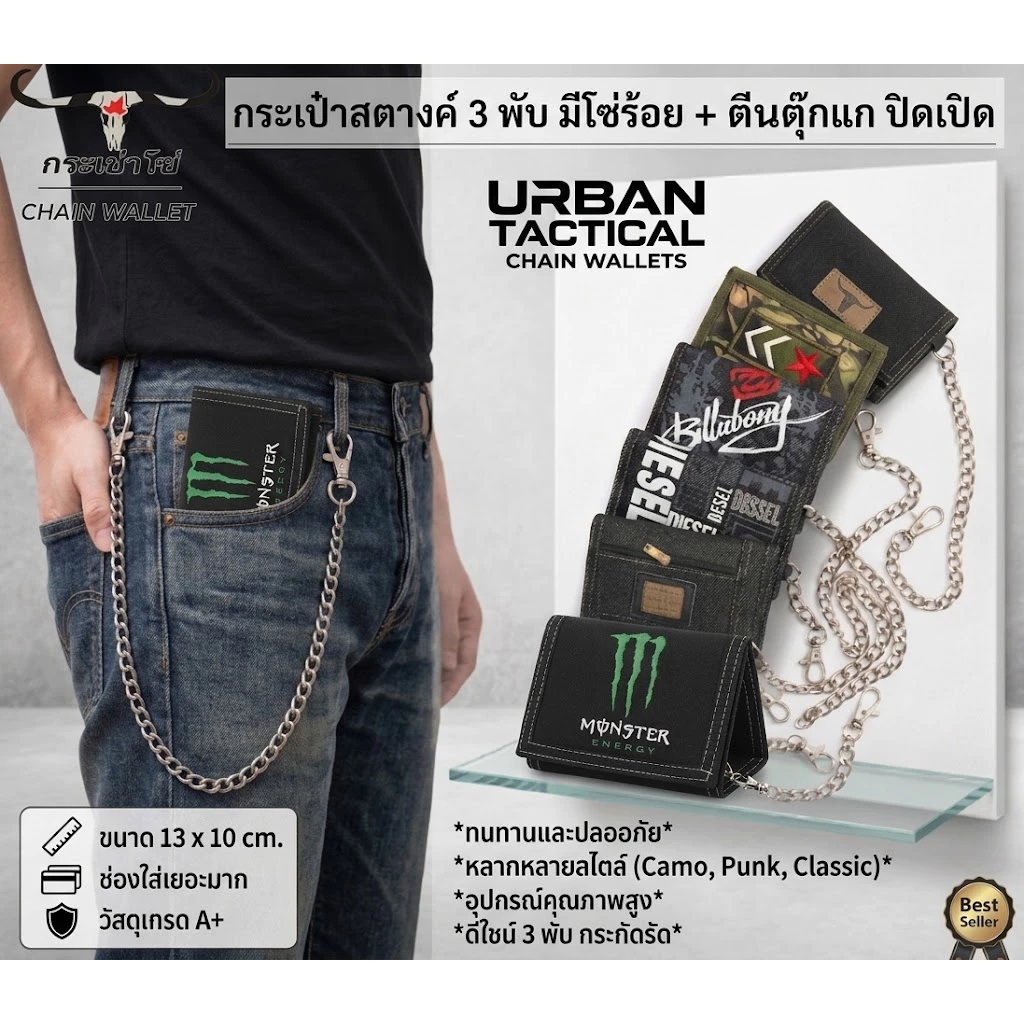 กระเป๋าสตางค์ มีโซ่ร้อยกระเป๋า แบบ3พับตีนตุ็กแก🅰 เนื้อผ้าร้มกันน้ำ 🅰 ร้านไทย ส่งไว มีเก็บปลายทาง ✅