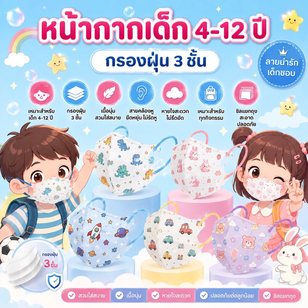 แมสเด็ก 4-12 ปี กรองฝุ่นละออง 3 ชั้น จำนวน 1 แพค(มี 10 ชิ้น) ซีลแยกทุกชิ้น เลือกลายได้