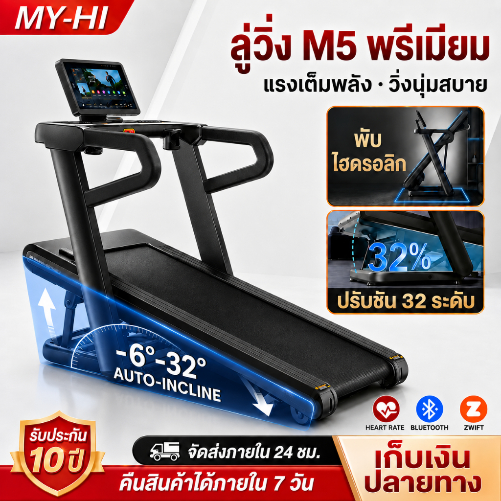 ลู่วิ่งไฟฟ้า M5 Ultra Treadmill รุ่นมาราธอน ขนาดใหญ่ ปรับความชันไฟฟ้า ลดแรงกระแทก เสียงเงียบ พับเก็บได้