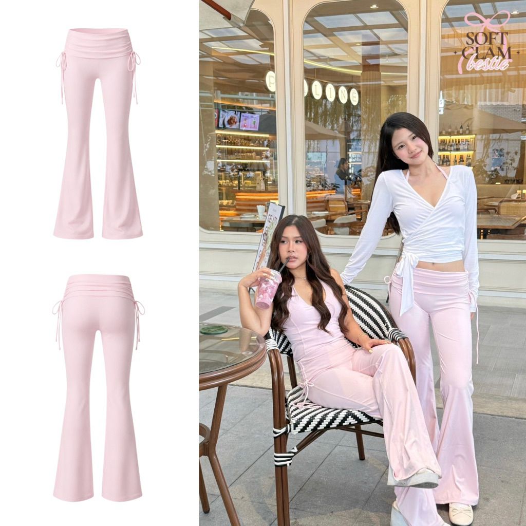 Ribbon Flare Pants | กางเกงออกกำลังกายขาม้า เอวพับ ผูกโบว์ข้าง สีชมพูอ่อน