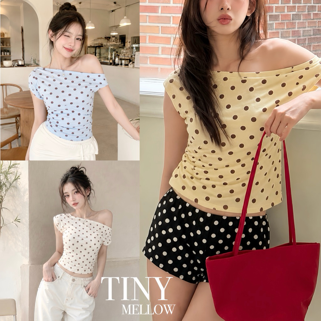 LUNA TOP - เสื้อปาดไหล่ พิมพ์ลายจุดใหญ่ ผ้าสลาฟพรีเมียม ผ้ายืดหยุ่นใส่สบาย - ( ลู-น่า )