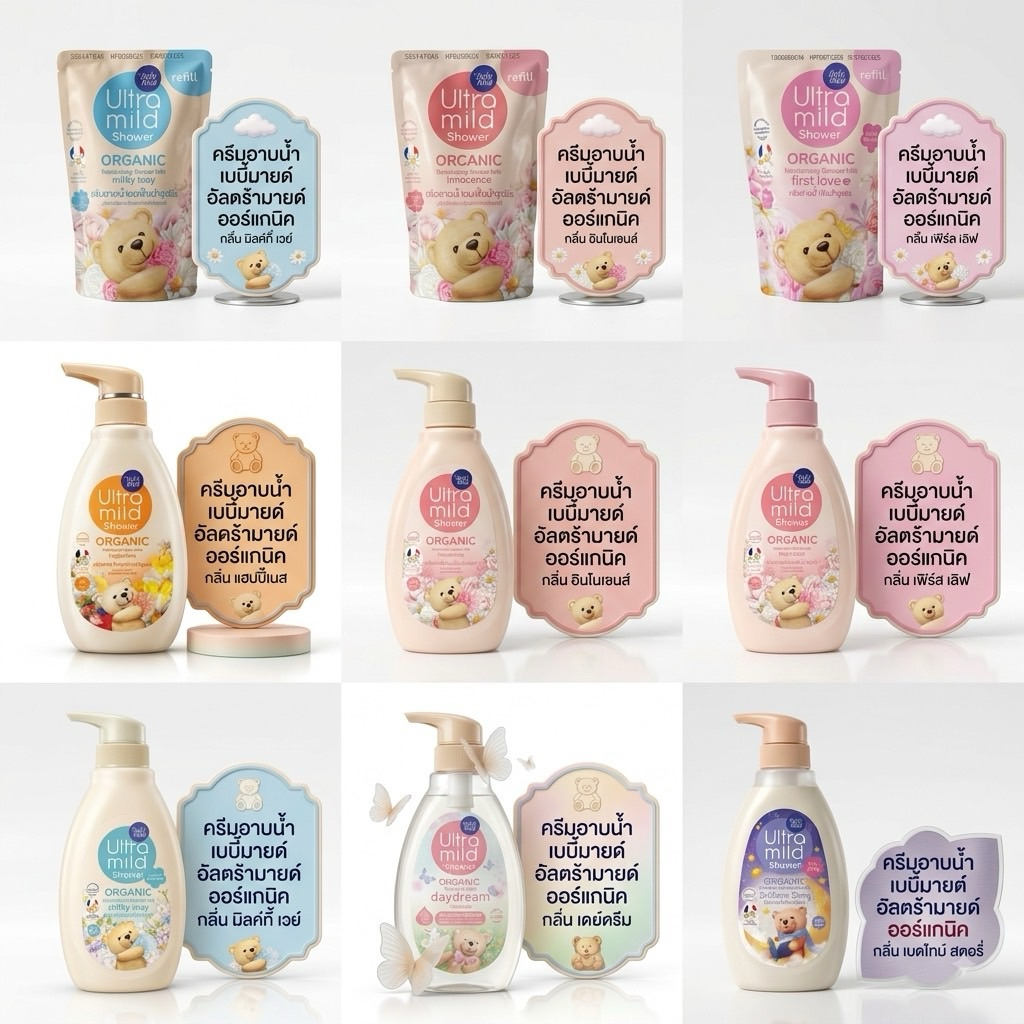 Babi Mild Ultra Mild Shower เบบี้มายด์ อัลตร้ามายด์ ออร์แกนิค ครีมอาบน้ำ ขวดปั้ม/ถุงเติม 360มล-380มล