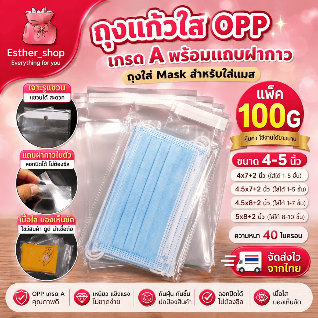 ถุงแก้ว ใส่แมสฝากาว OPP หน้ากว้าง ขนาด 4-5นิ้ว พร้อมส่ง (แพ็ค100G)