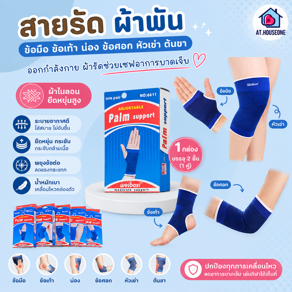 At.Houseone สายรัด ผ้าพันข้อมือ ข้อเท้า น่อง ข้อศอก หัวเข่า ต้นขา ออกกำลังกาย ผ้ารัดช่วยเซฟอาการบาดเจ็บ WRIST SUPPORT