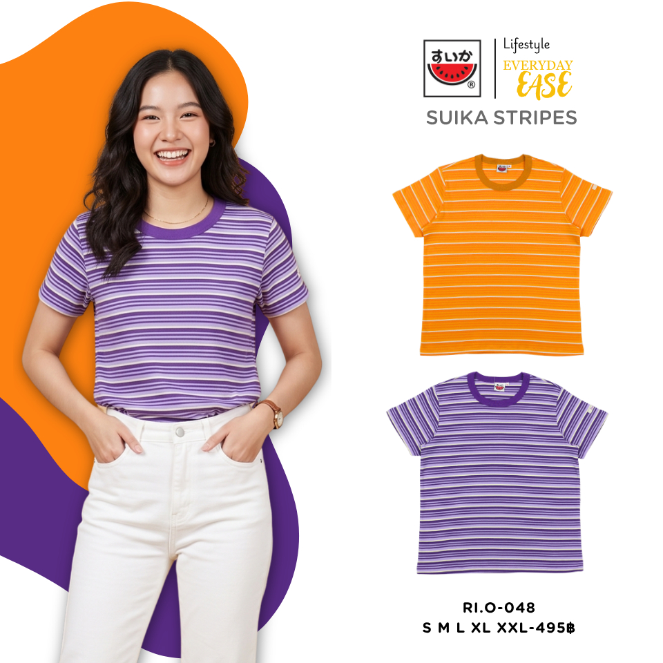 เสื้อแตงโม (SUIKA)-เสื้อยืดแตงโมคอกลมแขนสั้น ผ้าคอตตอนอินเตอร์ล๊อค ลายริ้ว (RI.O-047 048)