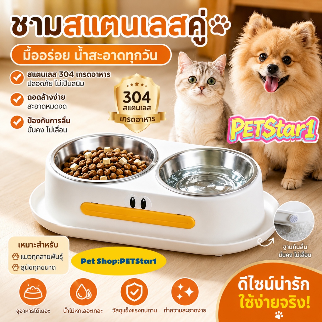 PETStar1 ชามสแตนเลสคู่ ยกสูง กันมด ชามอาหารสุนัขและแมว ดูแลคอไม่ให้ล้า กันลื่น ไม่เลอะพื้น ถอดล้างสะดวก