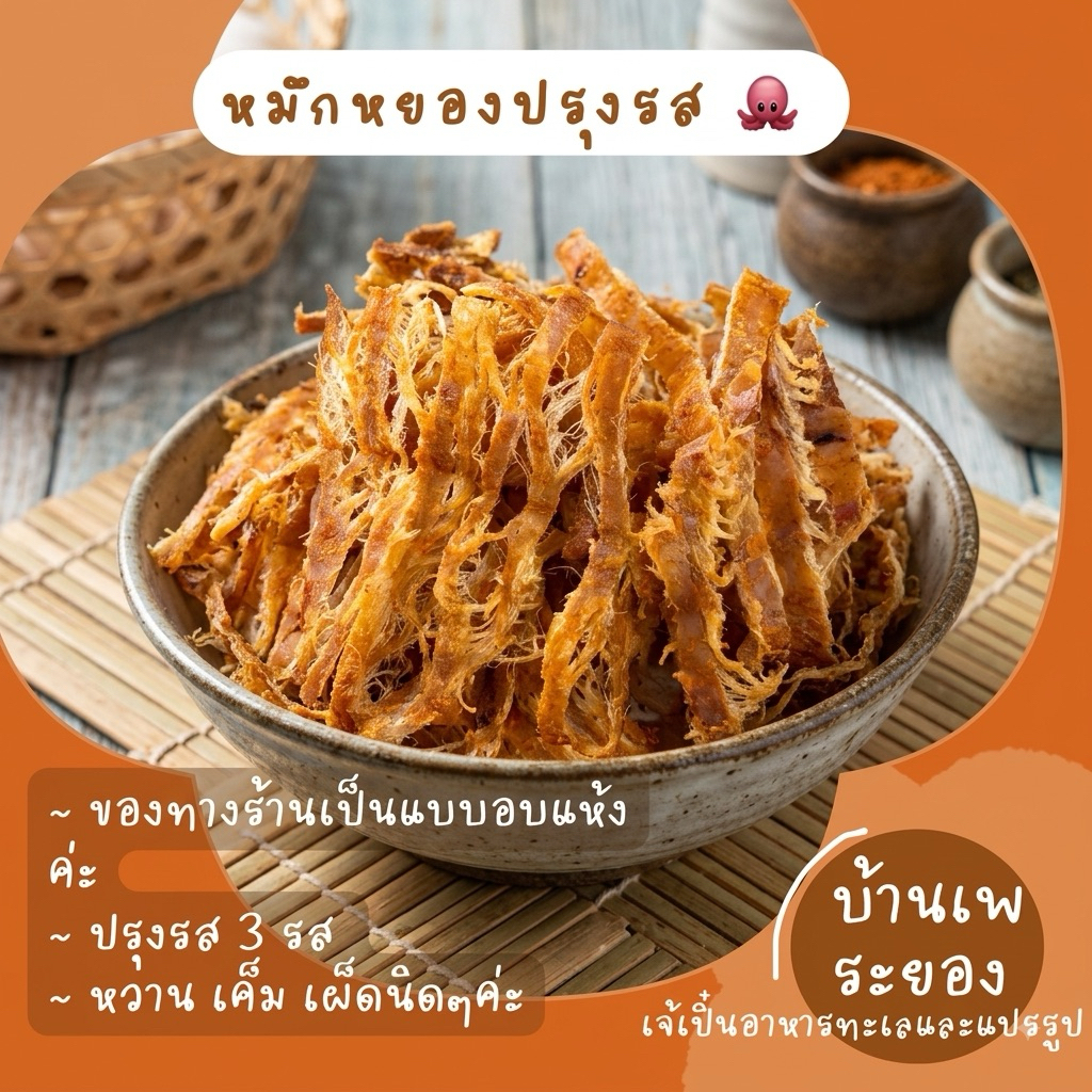 หมึกหยองปรุงรส เข้มข้นครบ 3 รส จากบ้านเพ ระยอง