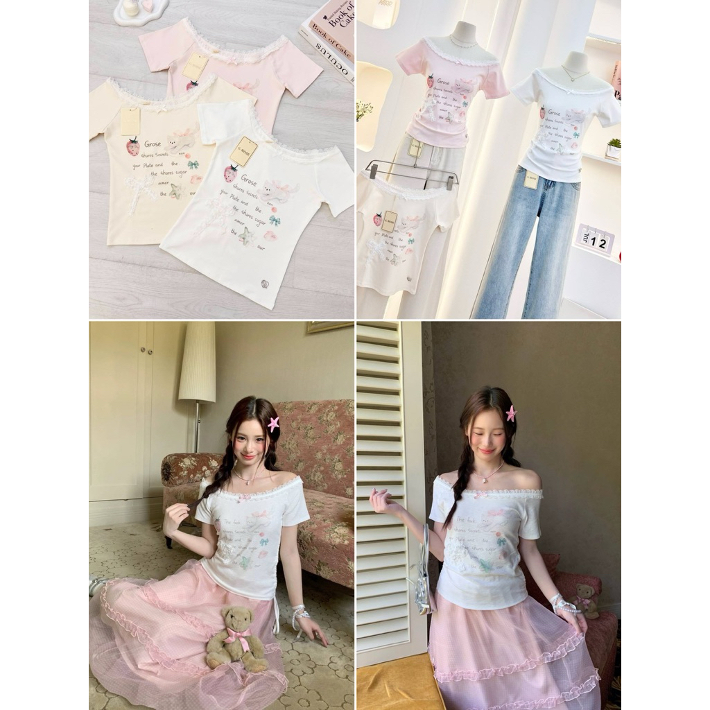 G-Rose new เสื้อยืดทรงเปิดไหล่พิมพ์ปริ๊นลายน้องแมวสตอเบอร์รี่แต่งดีเทลลูกไม้ช่วงคอ เนื้อผ้ายืดหนาพรีเมียมยืดได้เยอะ