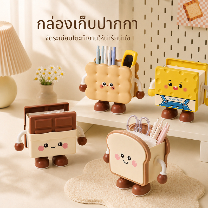 กล่องปากกาการ์ตูน ลายปังปิ้งขาว ช็อกโกแลต คุกกี้ครีม กล่องใส่ปากกาลายน่ารัก ขนมปัง/ชีส/ช็อกโกแลต กล่องเก็บของตั้งโต๊ะ