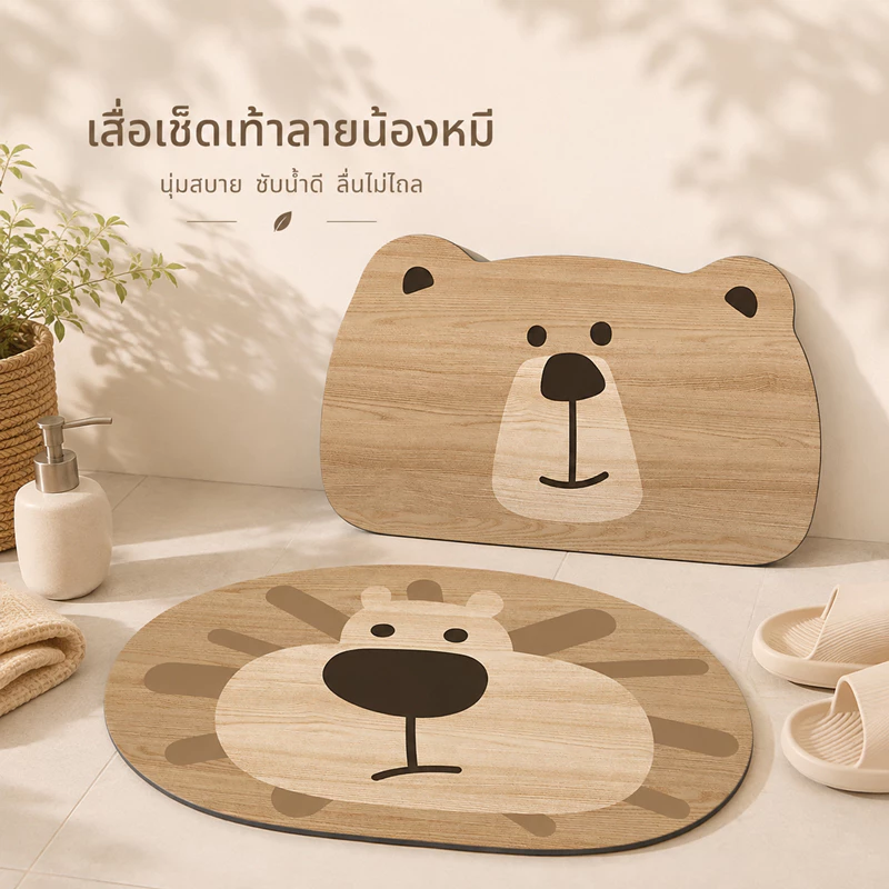พรมเช็ดเท้าลายไม้60x40cm พรมลายหมีสไตล์ไม้ พรมรองพื้นกันลื่น ดีไซน์น่ารัก แต่งบ้านอบอุ่น ใช้หน้าห้องน้ำ ห้องครัว