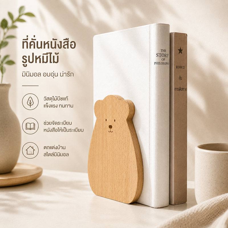 ที่คั้นหนังสือ ลายหมี ที่ตั้งหนังสือไม้สไตล์ญี่ปุ่น ลายหมีน่ารัก ใช้ตกแต่งบ้านและโต๊ะทำงาน คั้นหนังสือ
