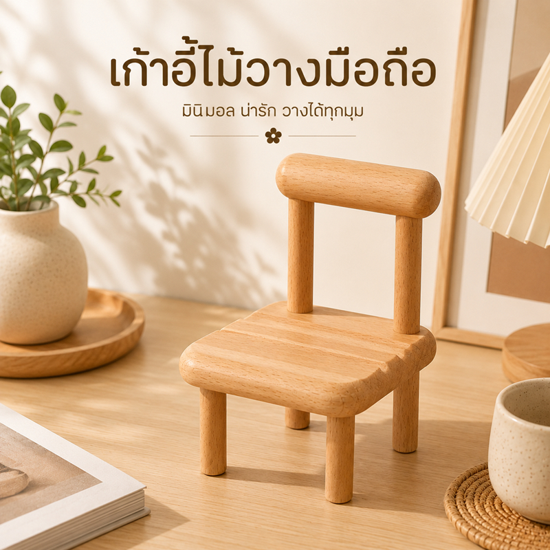เก้าอี้ตั้งโทรศัพท์ ที่วางโทรศัพท์ไม้ดีไซน์เก้าอี้มินิมอล ที่วางมือถือ สไตล์ญี่ปุ่น ตกแต่งโต๊ะทำงานและโต๊ะหัวเตียง เพิ่ม